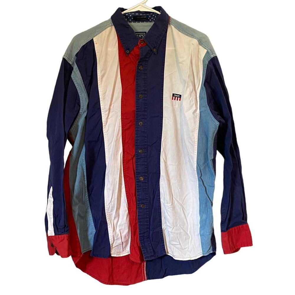 Chaps Mens Large Long Sleeve Stripes Collared Color Block Red White Blue